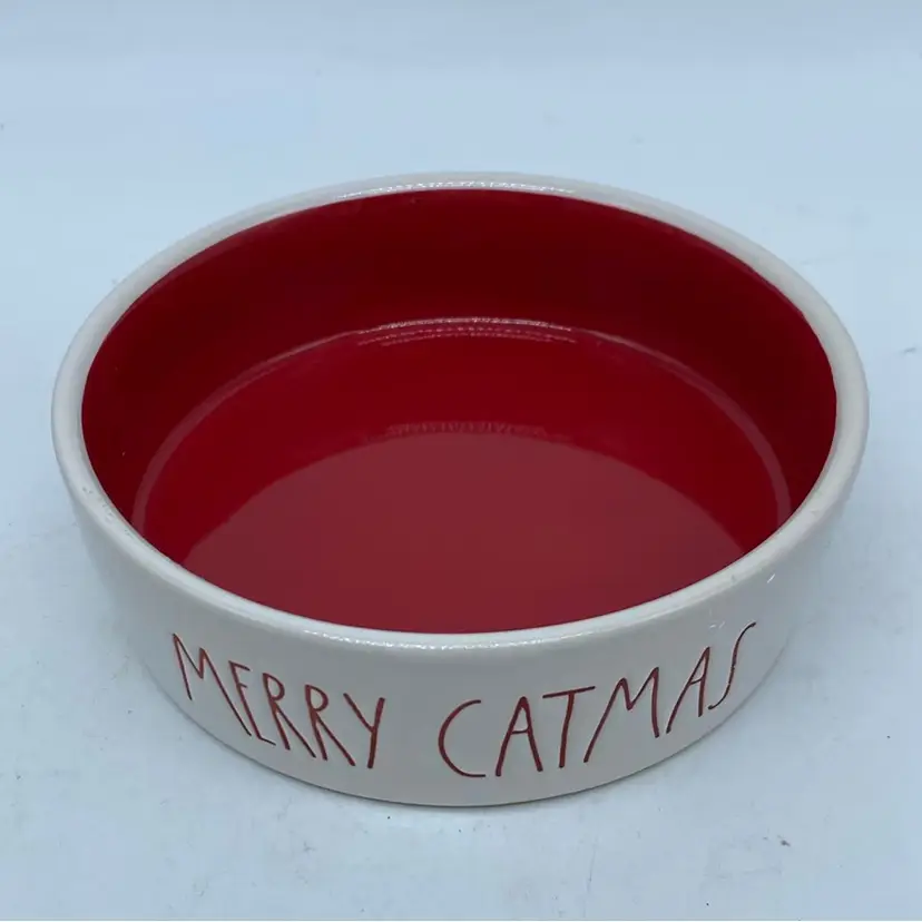 #2918 Rae Dunn MERRY CATMAS PET Bowl Cat Lover Red CHRISTMAS Ceramic 2018 Magenta 213