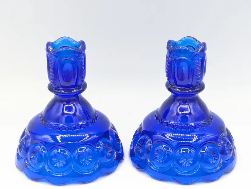 Pair Of LE Smith Moon And Stars Colonial Blue Candlesticks Holders 4.75”