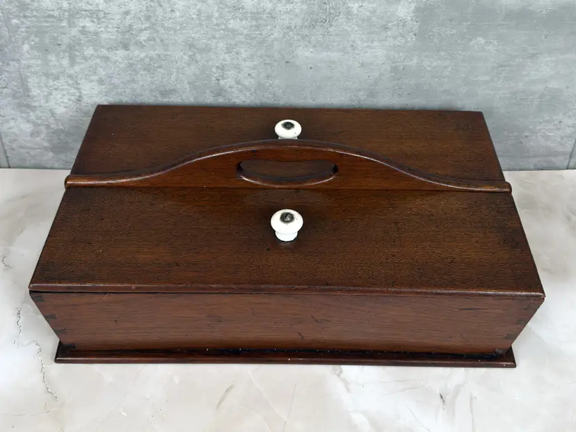Mahogany Cutlery Box with Double Lids & Porcelain Knobs, Vintage Silverware Chest (132-25)
