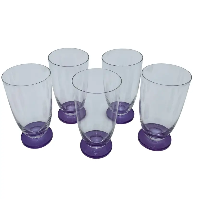 Set of 5 Drinking Glasses, Thick Purple Pedestal Bases, Optical Glass, 6.3" tall