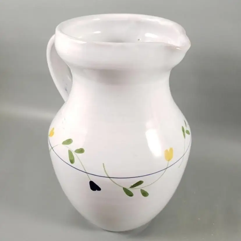 Vintage ITALY Terracotta Hand Painted Floral Folk Art White Pitcher