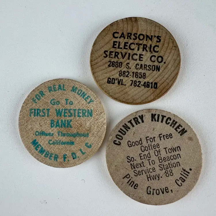 (3) Vintage Wood Nickels Advertising