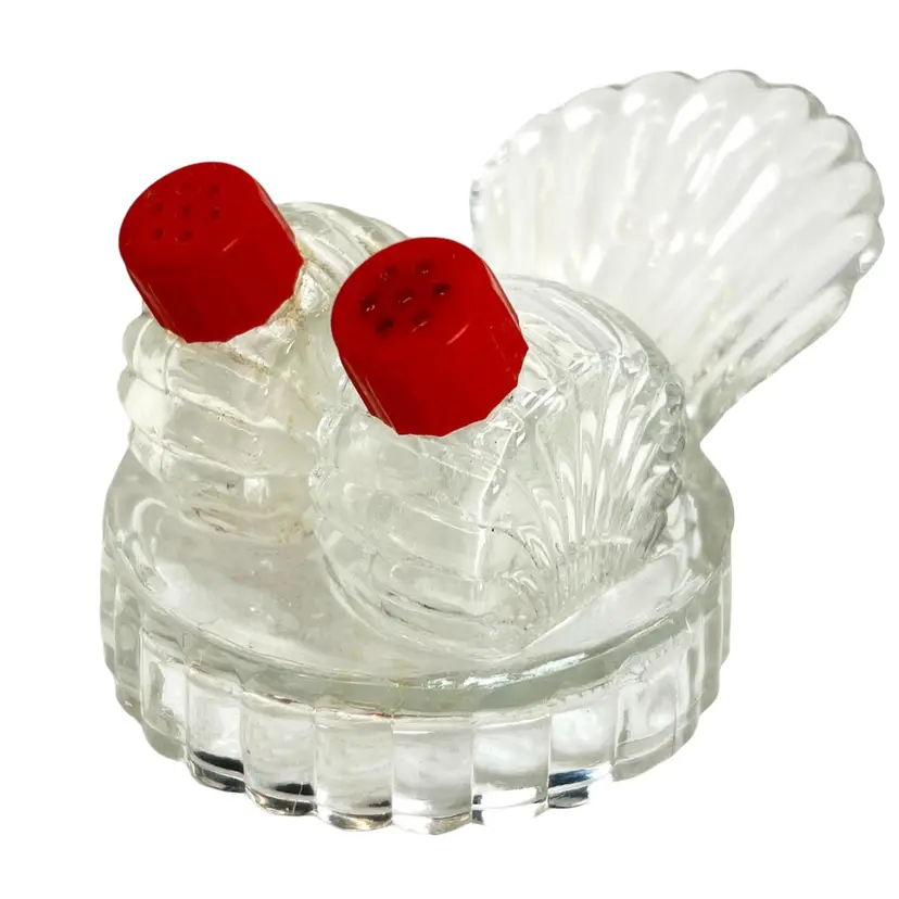Glass Salt & Pepper Shakers with Red Caps. Base Shaped Like a Turkey Tail 🦃- how cute!