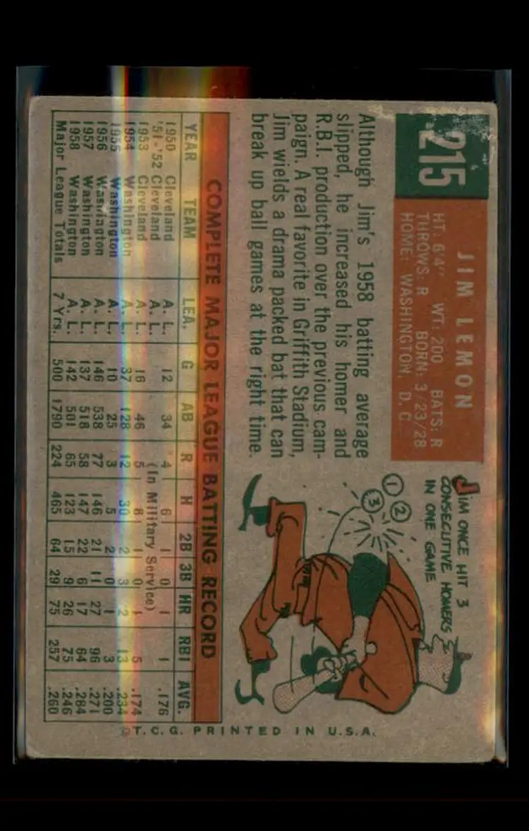 1959 Topps #215b Jim Lemon - (pk4) - Washington Senators