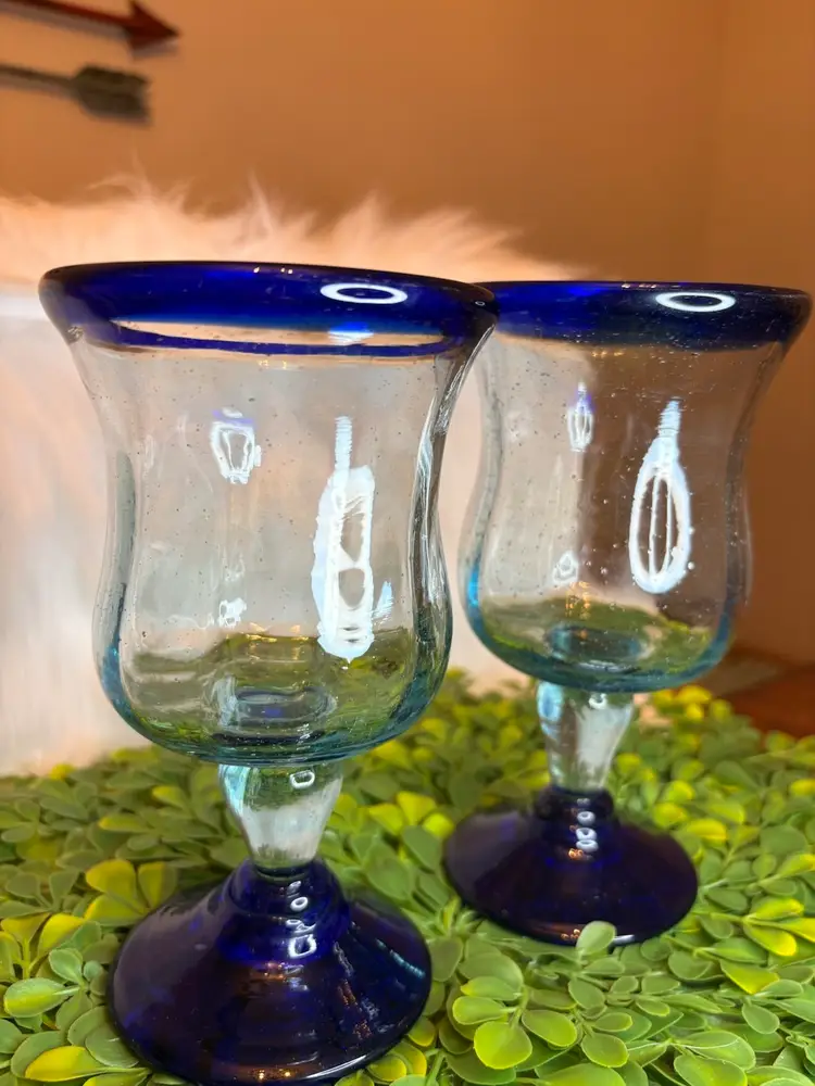 2 Mexican Hand Blown Curvy Glassware Cobalt Blue Rim