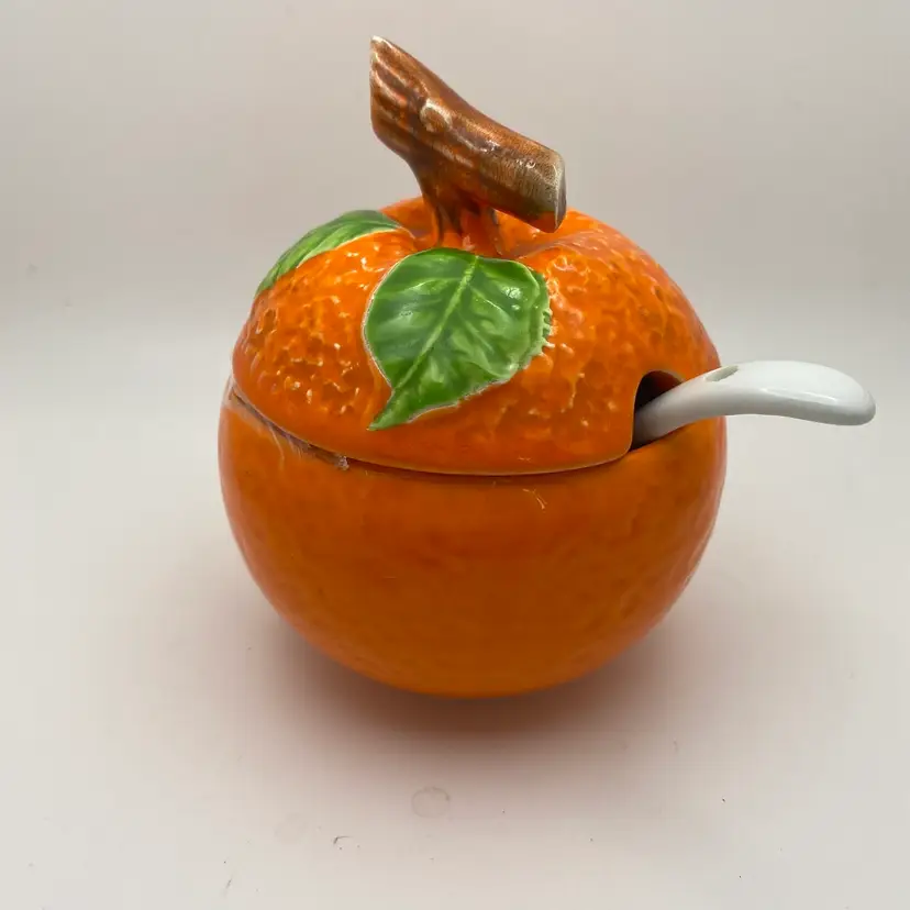 Vintage Ceramic Orange Marmalade Jam Jar or Sugar Bowl with Spoon