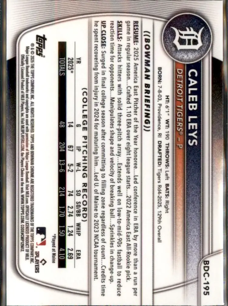 2025 Bowman Draft #BDC-195 Caleb Leys Chrome Sky Blue Refractor - (138) - Detroit Tigers