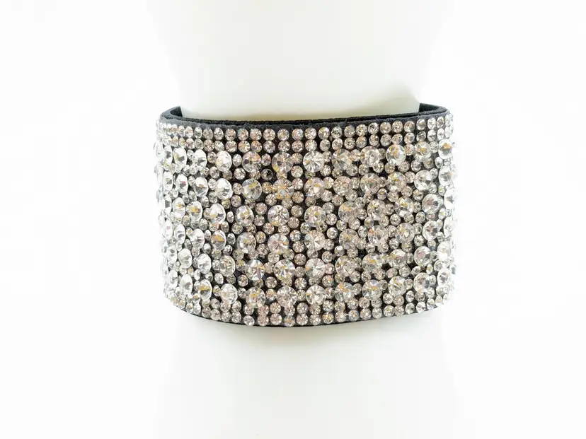 Black Suede Snap On Rhinestone Wrap Bracelet
