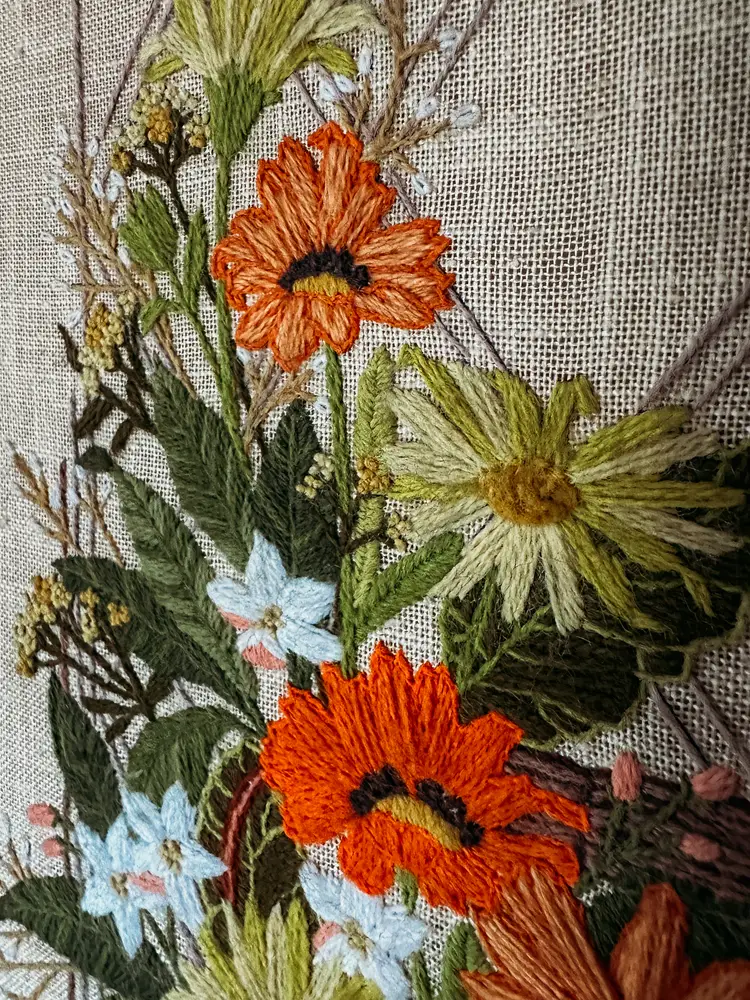 Vintage 70s Embroidery Crewel Finished mounted 18 x 24 Daisy Flowers in tea pot