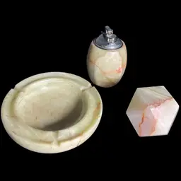 Vintage Italian Onyx and Brass Ashtray, Cigarette Lighter and Paperweight Set