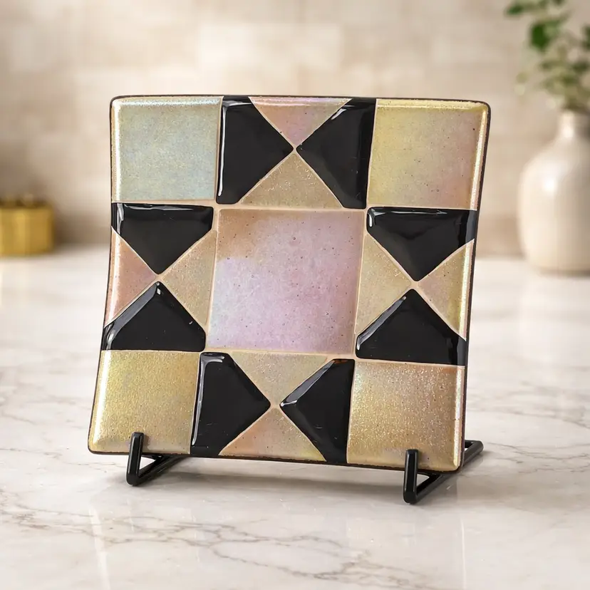 Irridescent Fused Art Glass Decorative Dish with Geometric Design, 7" x 7"