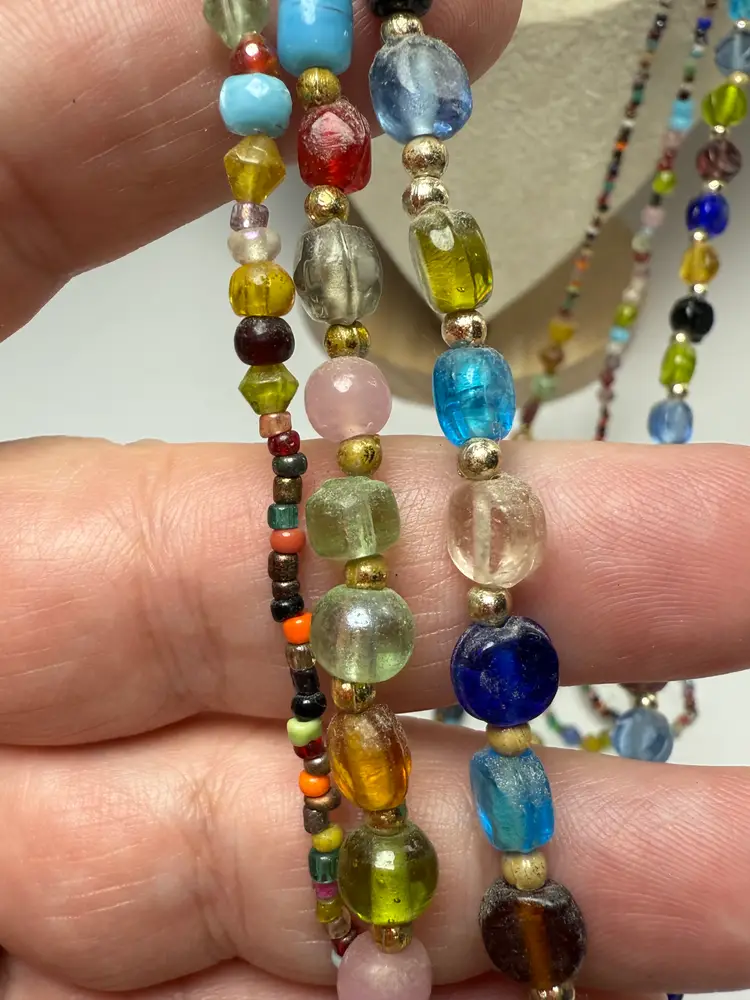 Vintage 48" 3 Strand Glass Beads Rainbow Confetti Necklace Flapper Length