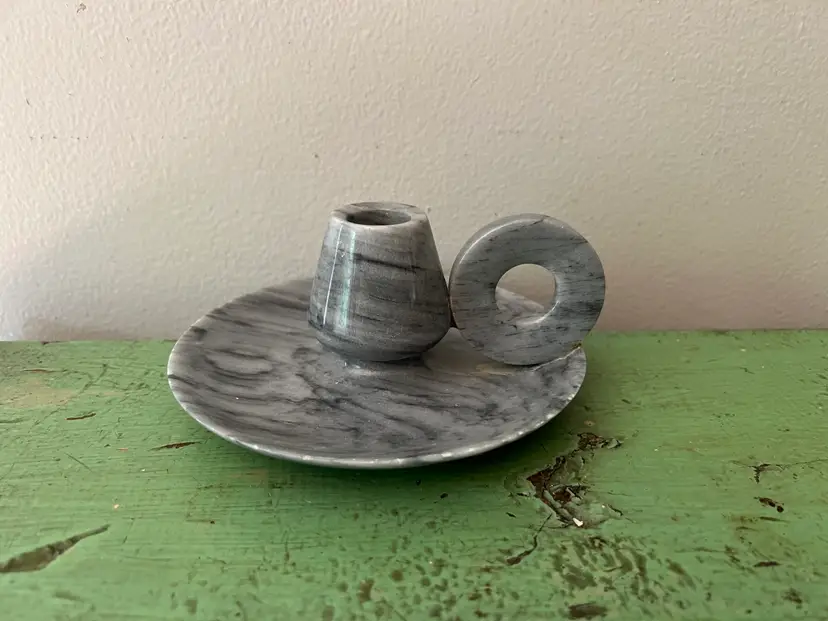 Vintage Polished Stone Candle Holder. Finger Loop Minimalist Chamberstick, Mid Century Modern Decor