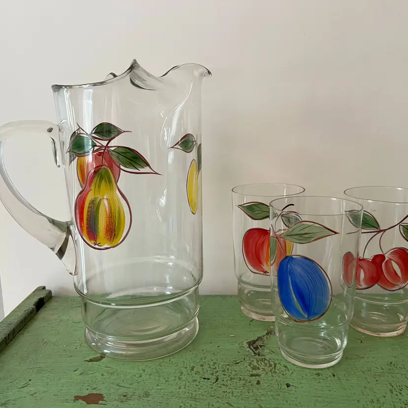 1950s Hazel Atlas Gay Fad Pitcher and 3 Glass Set. Drinking Glasses. Hand Painted Fruits