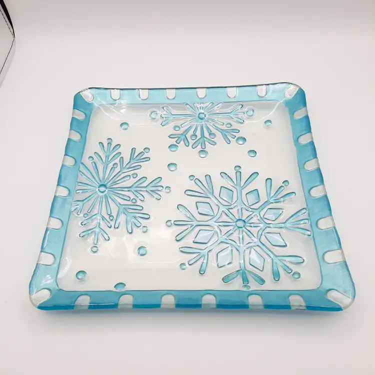 Fused Glass Aqua Turquoise Snowflake Square Serving Plate Christmask