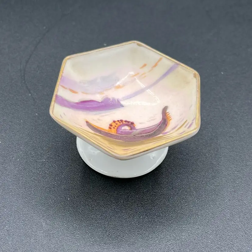 Marked Nippon Hand Painted Boat Scene Porcelain Pedestal Dish 1.25”