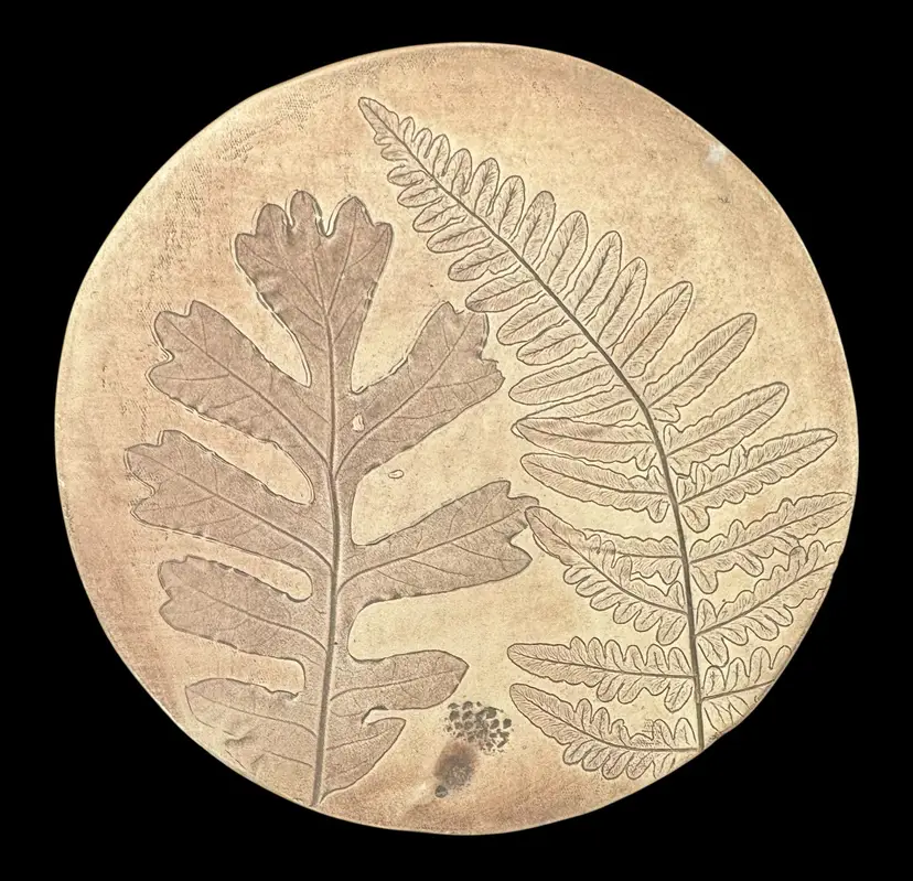 Signed Ledbetter Pottery Coaster Trivet Beige Impressed Leaves Oak Fern Acorn