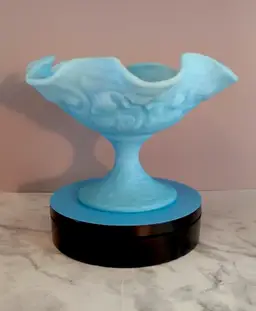 Beautiful Fenton Blue Satin Glass Ruffled Edge Pedestal Compote/Candy Dish