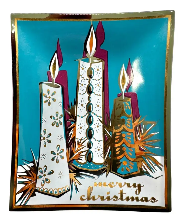 Vintage Houze Glass Merry Christmas Trinket Dish Ashtray Candles Blue Gold 4.75”