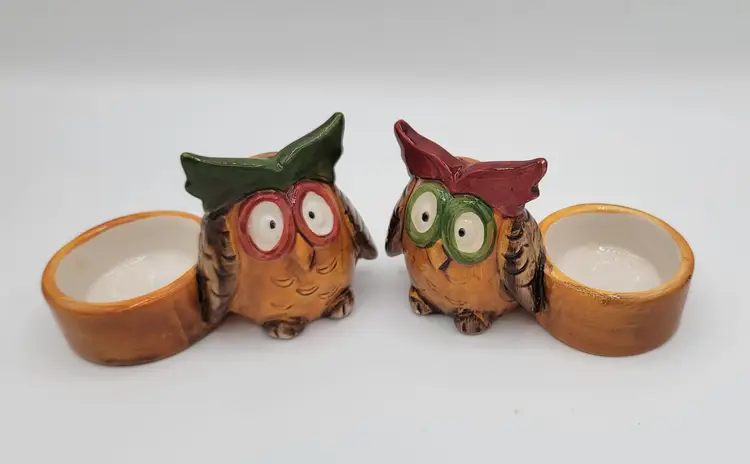 Cute Set of 2 Small Owl Ceramic Votive Light Candle Holder.