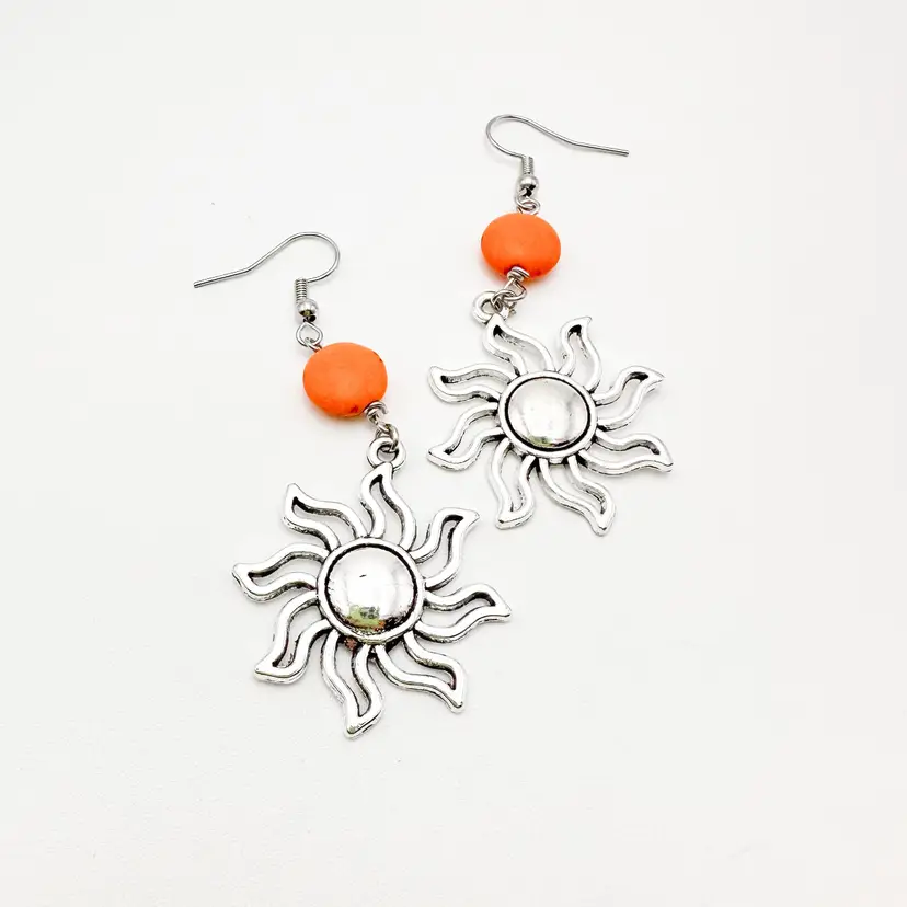 Sun Earrings Orange Bead Accent Silver Tone 2.5" L Handmade