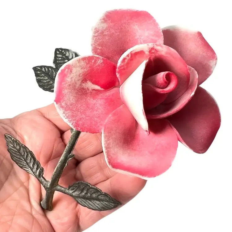 Vintage Ceramic Free Standing Red Pink Rose Flower. Brass Metal Stem With Brass Leaves.🍂