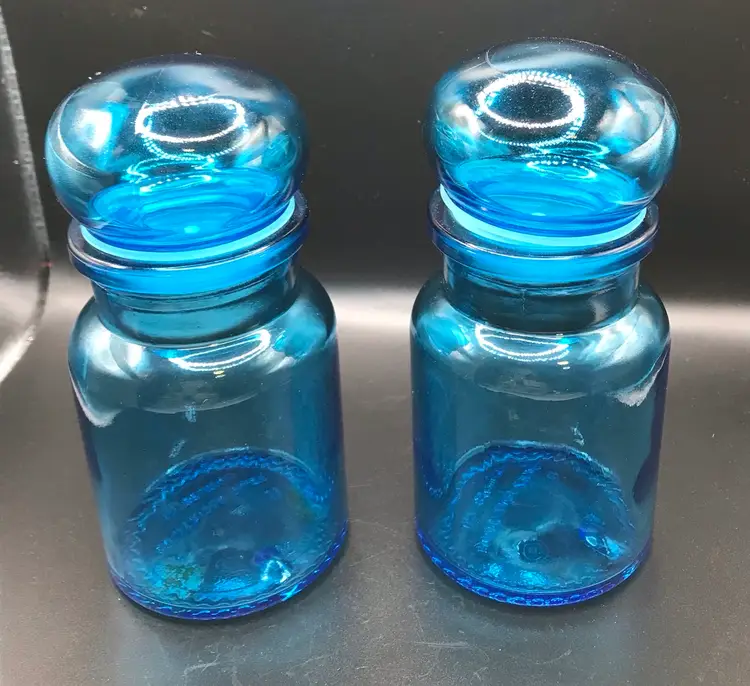 Vintage Belgium Blue Glass Apothecary Jar with Bubble Lid 7" Tall - Set of 2