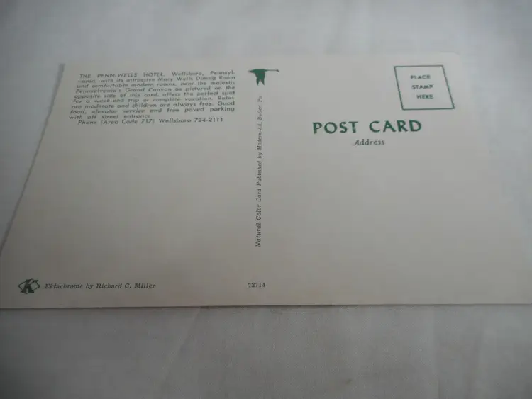 Vtg Postcard unposted Penn Wells Hotel Wellsboro PA Room landscape overlook