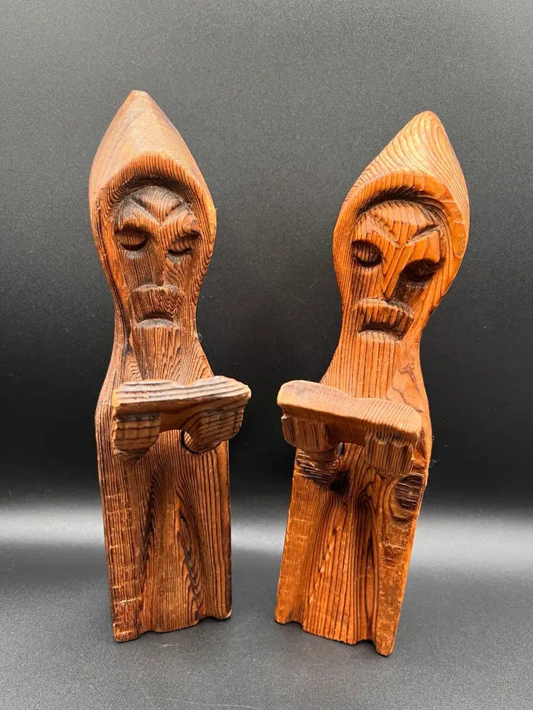 Pair Of Hand Carved Religious Wooden Folk Art Cloaked Reading Monks 📖 11”