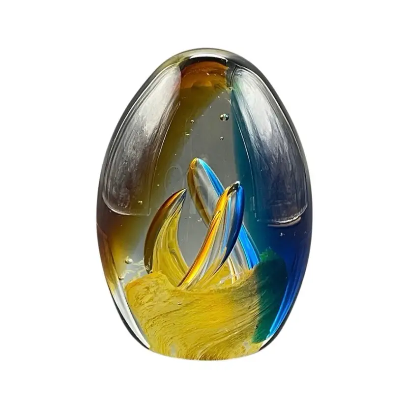 Art Glass Paperweight Torch Flame Design Large Egg Shaped Blue Yellow Amber