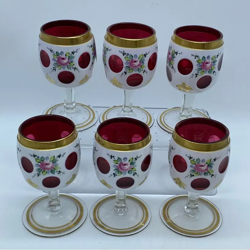 #1337 Set of six Moser Bohemian cordial glasses with floral and red Cut To Clear decoration. 4.25”