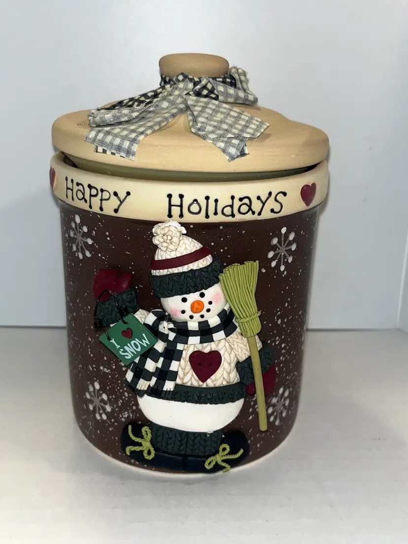#65 Ceramic Christmas 3-D Snowman Cookie Goodie Jar BNIB with fabric bow on lid