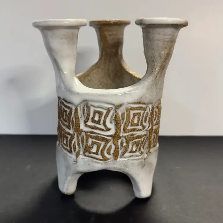 #1099 Stoneware Taper Candle Holder, White Drip Glaze, Unsigned, Possibly Mayan Mexican Pottery