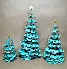 Verdigris Oxidized Copper Brutalist Christmas Trees Signed DJ Set of 3 VINTAGE