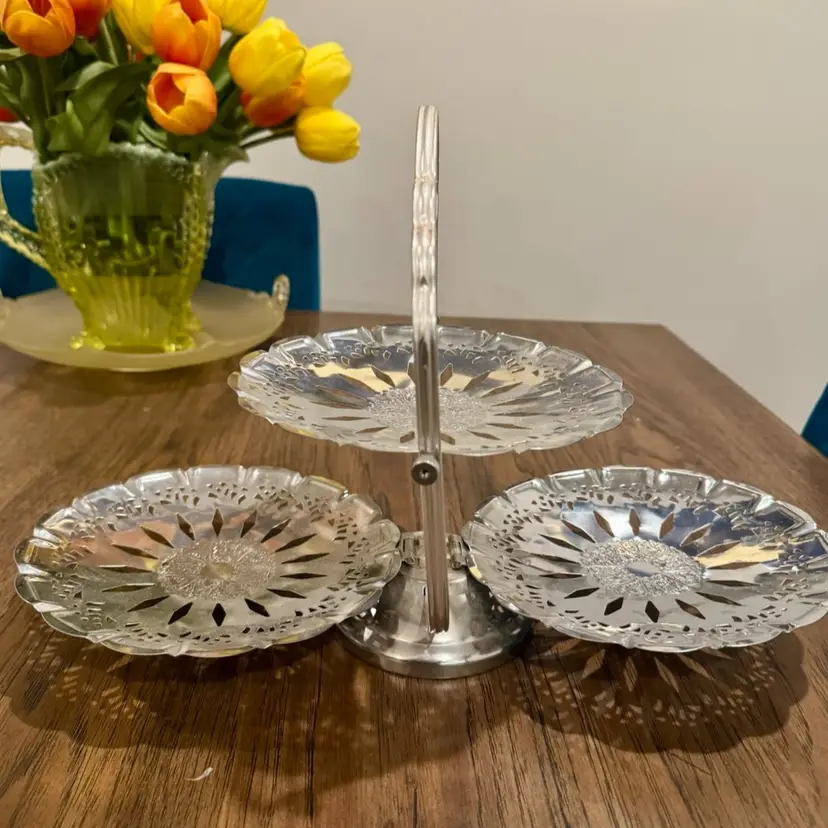 10” tall & opened 15” wide, Vintage Aluminum Chrome 2 Tiered Foldable Serving Tray