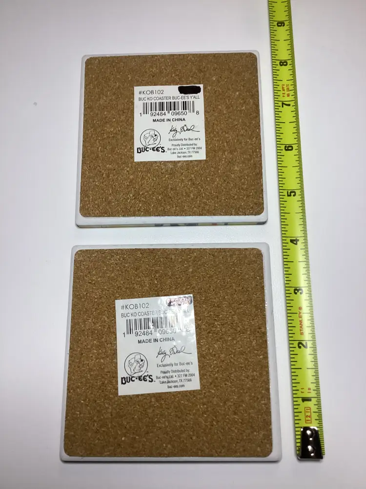 Set of 2 Buc-ee’s Ceramic Drink Coasters with Cork Backing