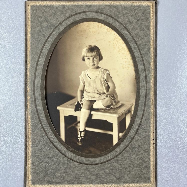 Vintage Photo Portrait Little Girl Short Blonde Hair Mary Jane T Strap Shoes