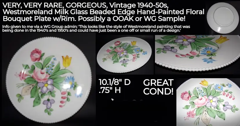 Vintage RARE Westmoreland Milk Glass Beaded Edge FLORAL BOUQUET Cake Plate