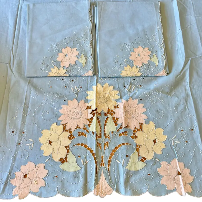 Hand Embroidered In Portugal Queen Flat Sheet with 2 Pillowcases Set