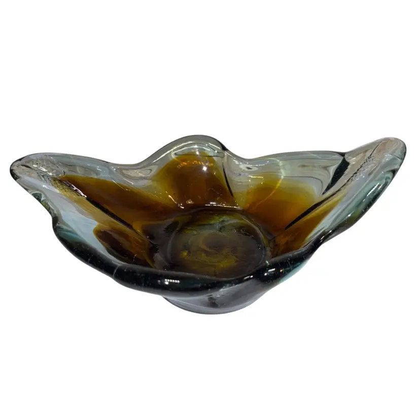 Blown Glass Blue Sunflower Swirl Heavy Vintage Candy Dish Or Bowl