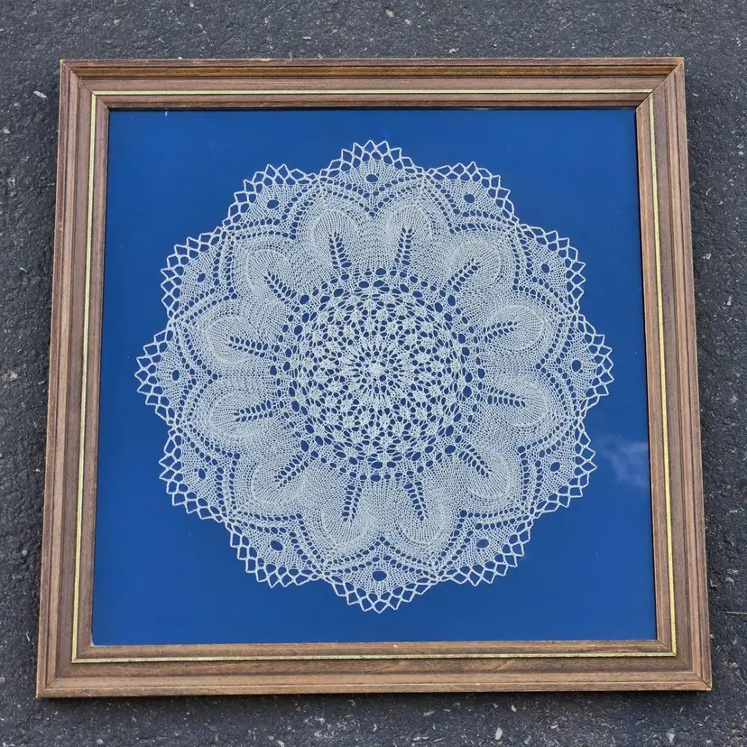 Handmade Doily Knitted Lace Framed 18½" Square with Provenance backside Vintage