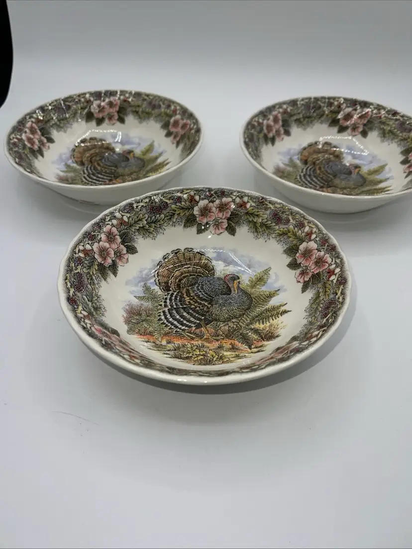 Queens Myott THANKSGIVING Cereal Bowls 6.5” Multicolor Turkey Set of 3