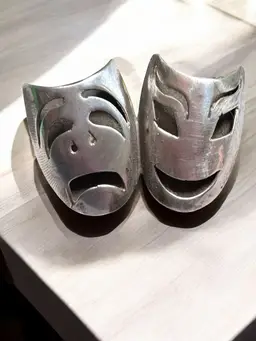Vintage Taxco Mexico Sterling Silver Comedy Tragedy Masks Brooch - Signed JOA