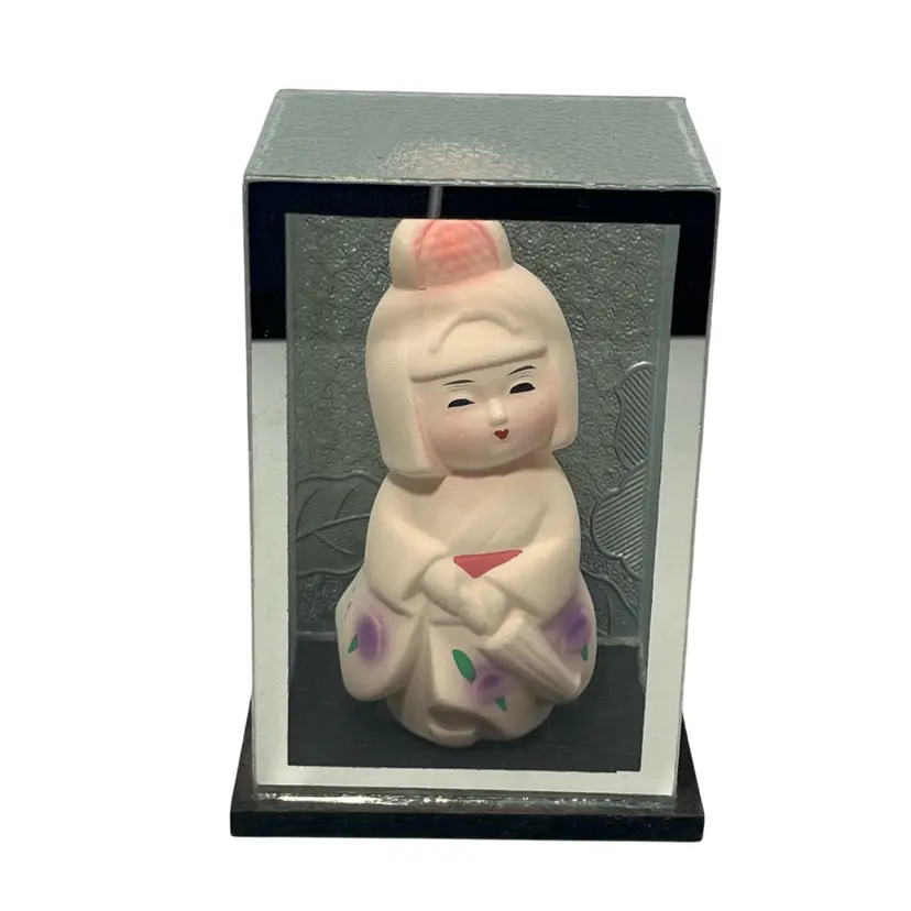 Japanese White Kimono Hakata Vtg. Ceramic Girl Doll Sealed Display Case | 4.75”