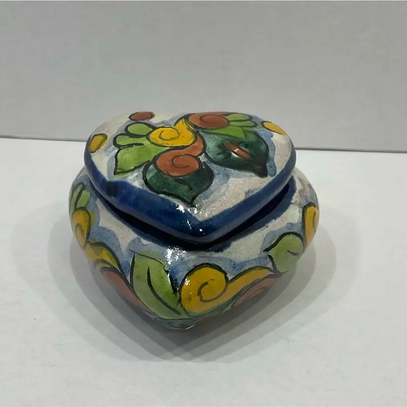 Mexican Folk Art Pottery Red Clay Heart Trinket Dish W/Lid