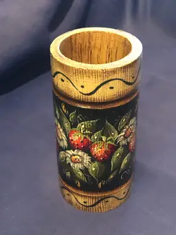 Hand Painted Strawberries and White Daisy Florals on Turned Wood Vase Tumbler Signed
