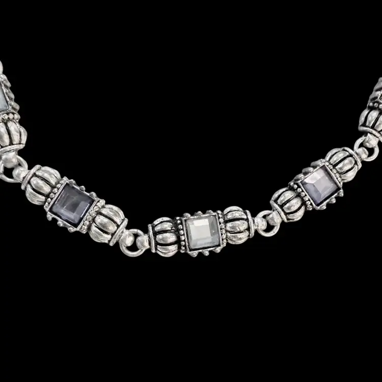 Silvertone Metal Light Blue And Purple
Square Glass Stone Necklace 16” + 3” Extender