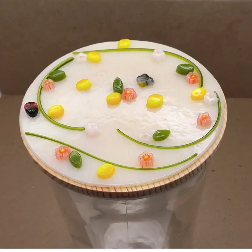 LBB Made by Me! Fused Glass 3D Lemon Panel with Ladybug & Bee on Glass Canister 6.25"T x 4"D Handcrafted Studio Art