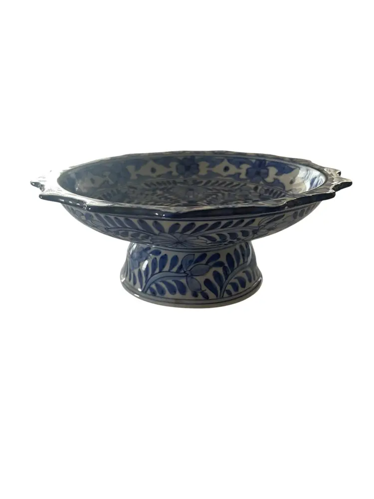 Vintage Blue White Thailand Porcelain Compote 7.5” Floral Design Pedestal Bowl