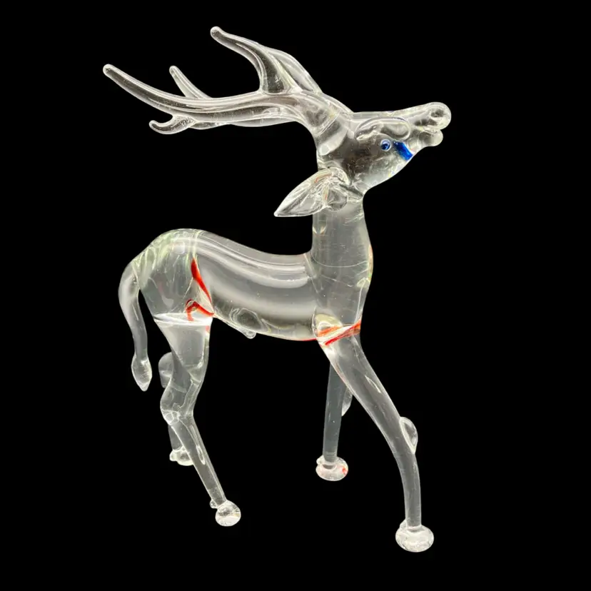 10 - Vintage Lampwork Art Glass Reindeer Figurine - Clear with Red Accents & Blue Eyes